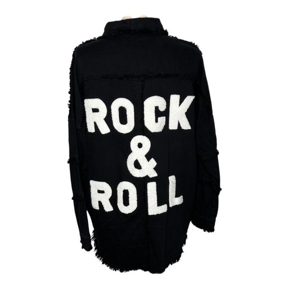 Elan Rock & Roll Denim Shacket Jacket Devan Black Snap Front Frayed Trim Small - Picture 4 of 9